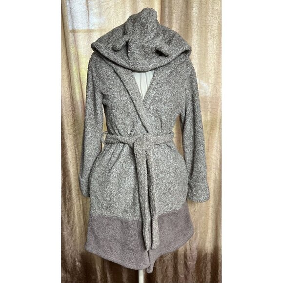 Daydreams Women's Small Medium Hooded Tie-Belt Bathrobe Two-Tone Gray Super Soft - Picture 2 of 14